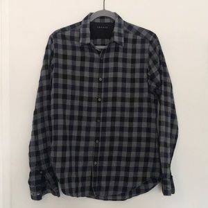 Theory button up casual small blue and gray